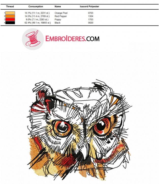 Isacord polyester color chart for Wild owl head embroidery design