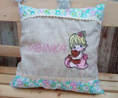 Adorable cushion with Precious Moments Girl and Toy embroidery design