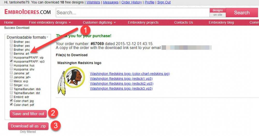 Download previous order with embroidery design