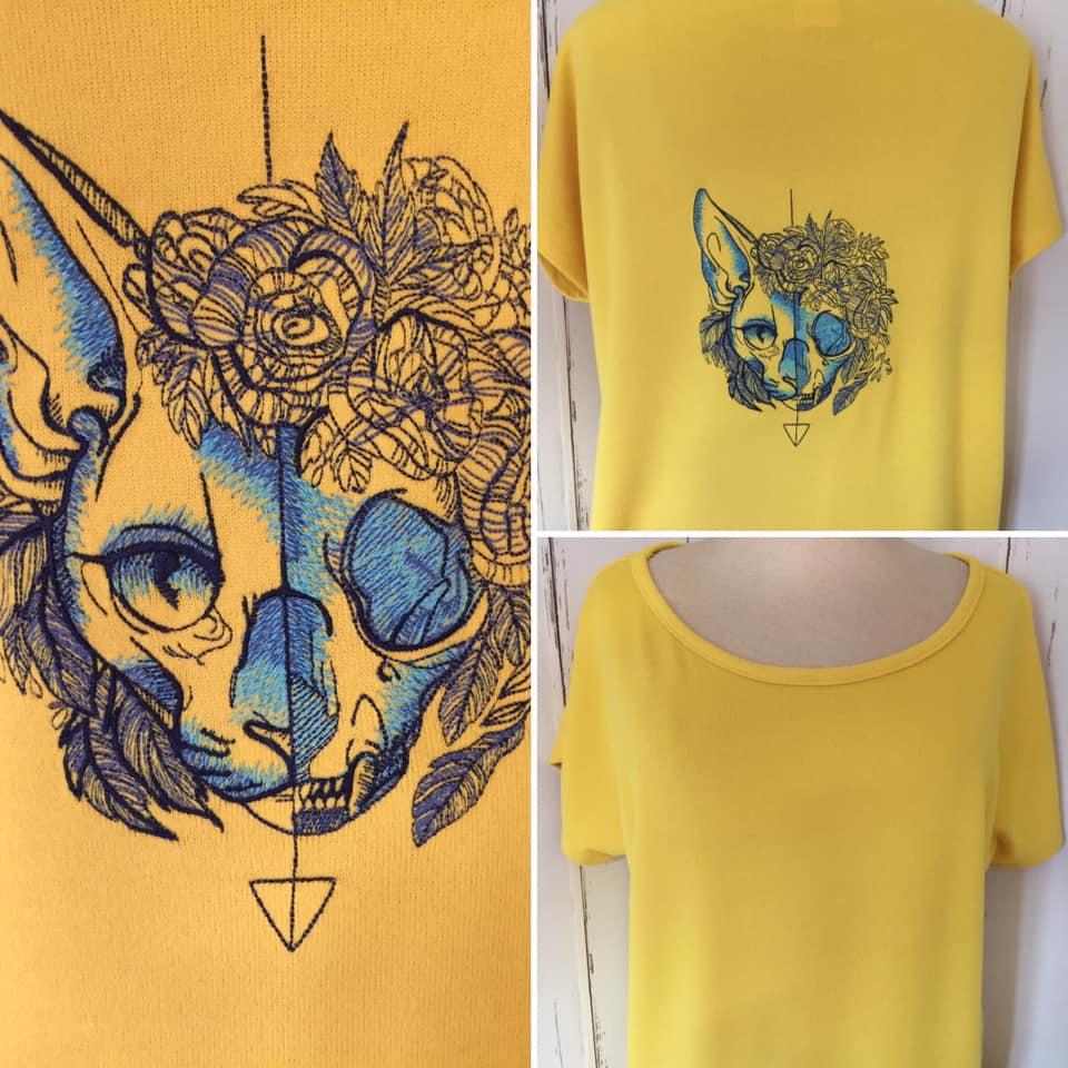 Embroidered t-shirt with Cat's skull design