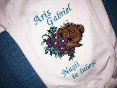 Embroidered baby clothing with Teddy bear with bouquet design