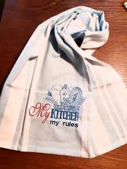 Embroidered towel with My kitchen my rules design