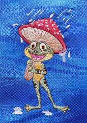Frog in mushroom cap embroidery design