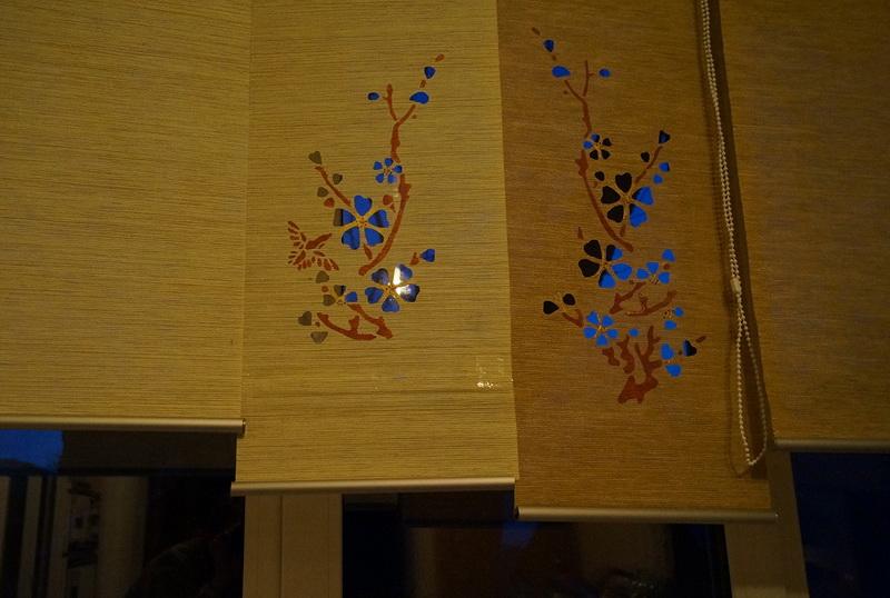 Roller shade with cherry tree flowers Roller shades with sakura branches at night