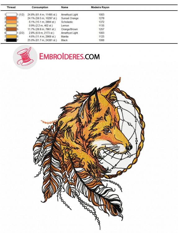 color chart madeira rayon Fox and dreamcatcher 4 embroidery design
