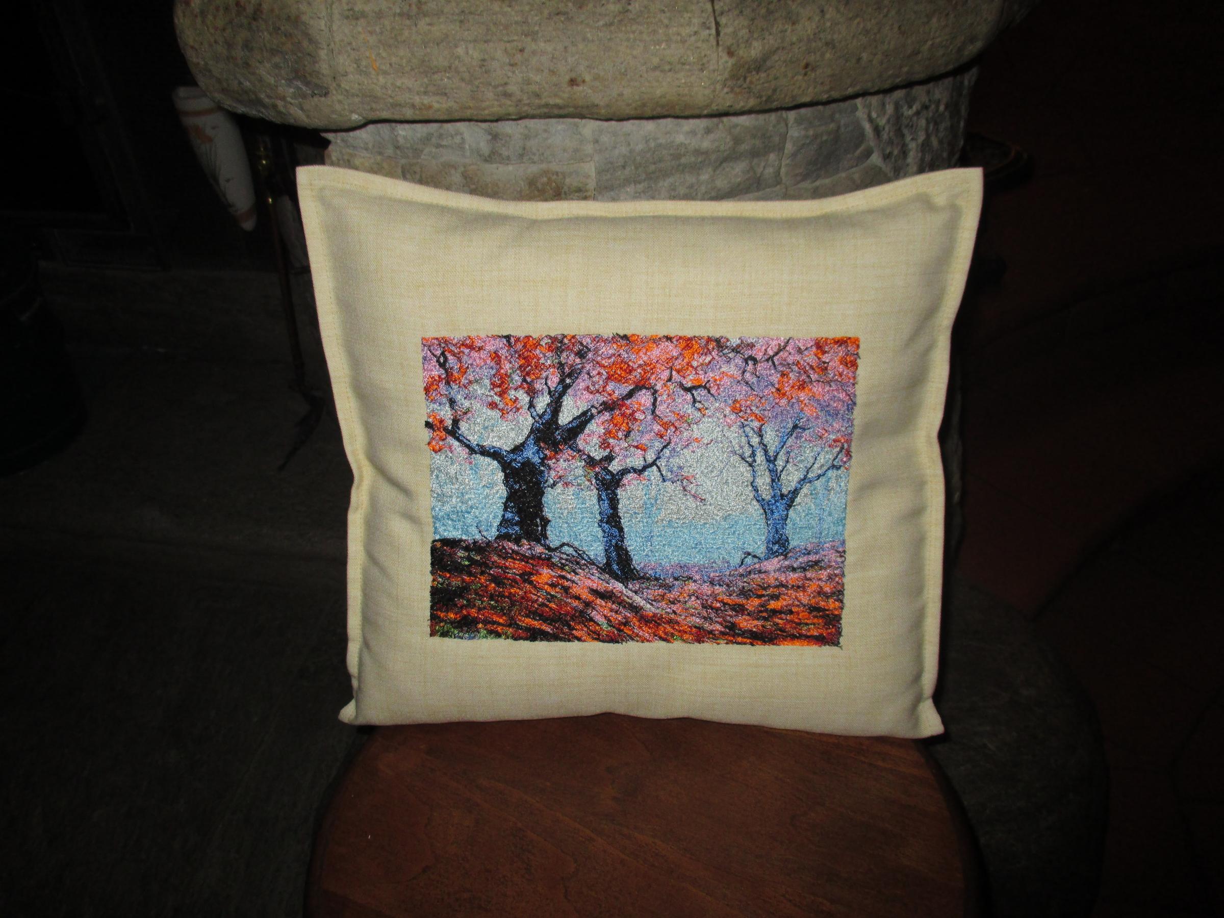 Embroidered pillow with Autumn forest design