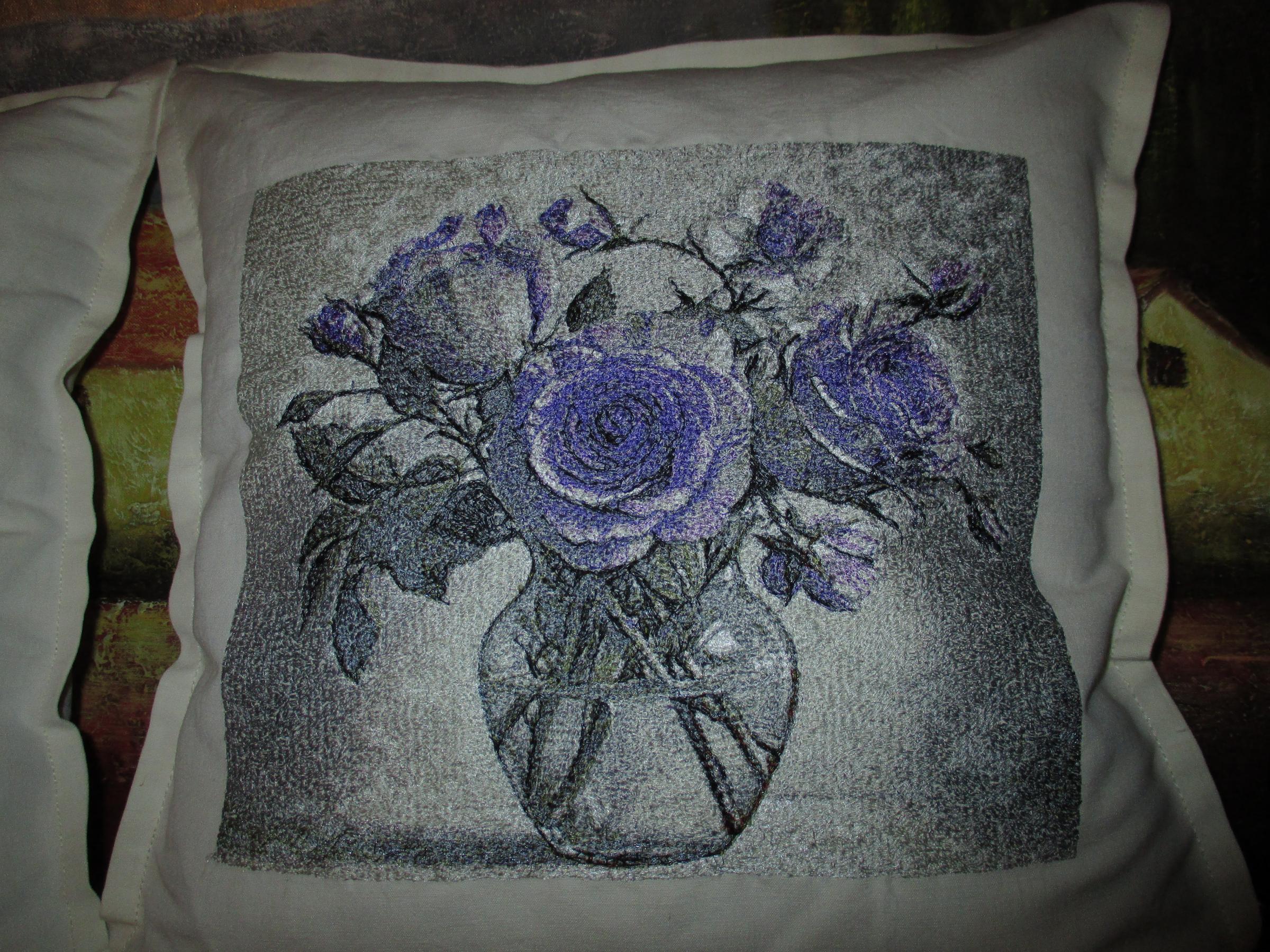 Embroidered cushion with Three roses in vase design