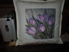 Embroidered cushion with Tulips photo stitch design