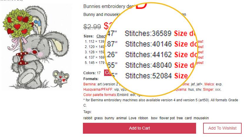 Embroidery design page with information about size stitches