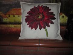 Embroidered cushion with Red flower design