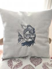 Embroidered cushion with Mosaic cat and butterfly