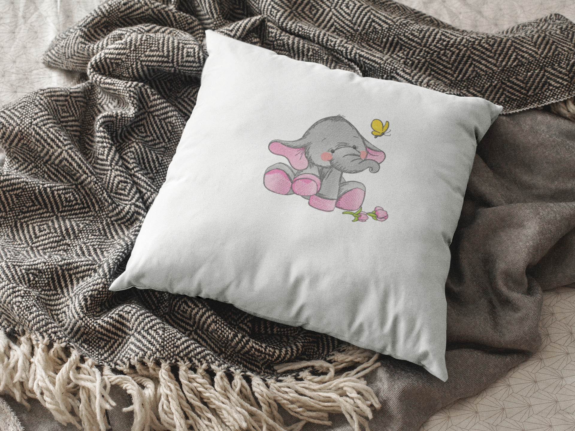 Embroidered cushion with Funny elephant design