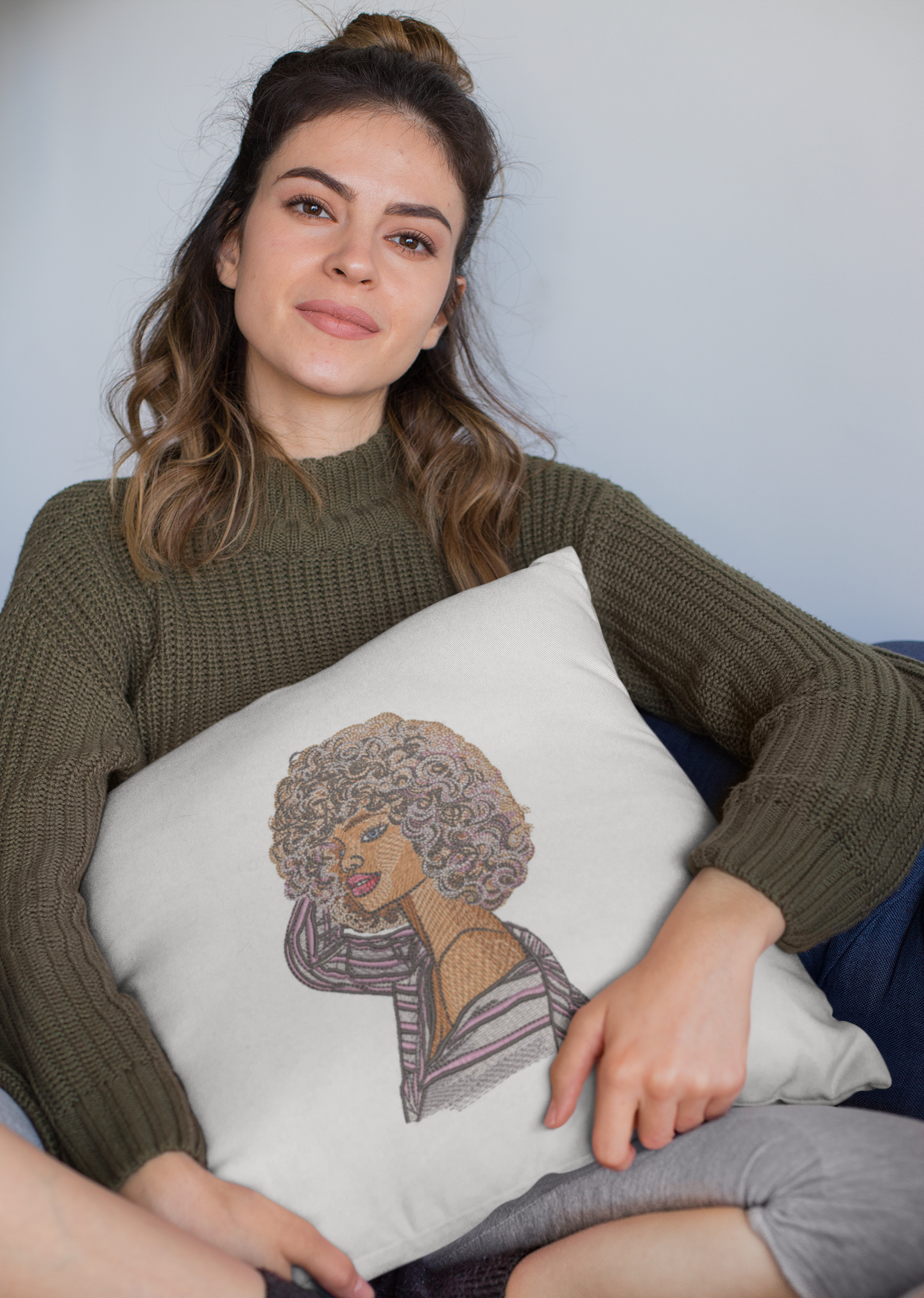 Embroidered home pillow with Woman portrait design
