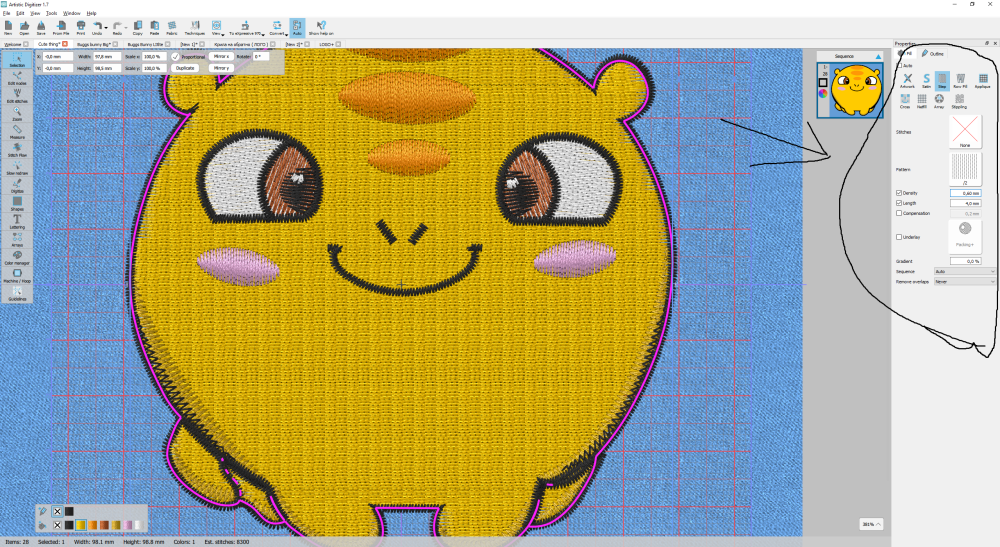 Embroidery design settings