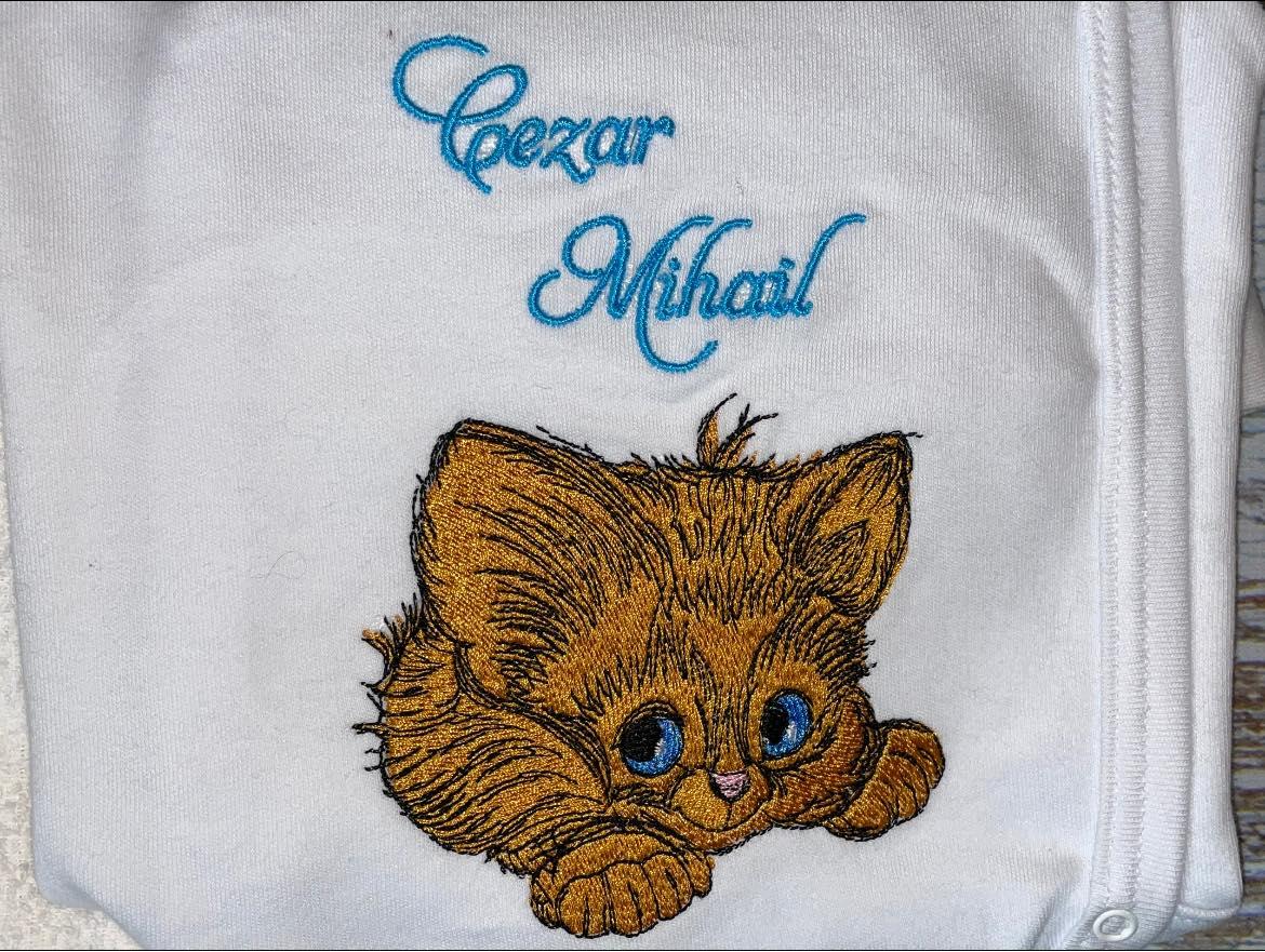 Embroidered cat and name design