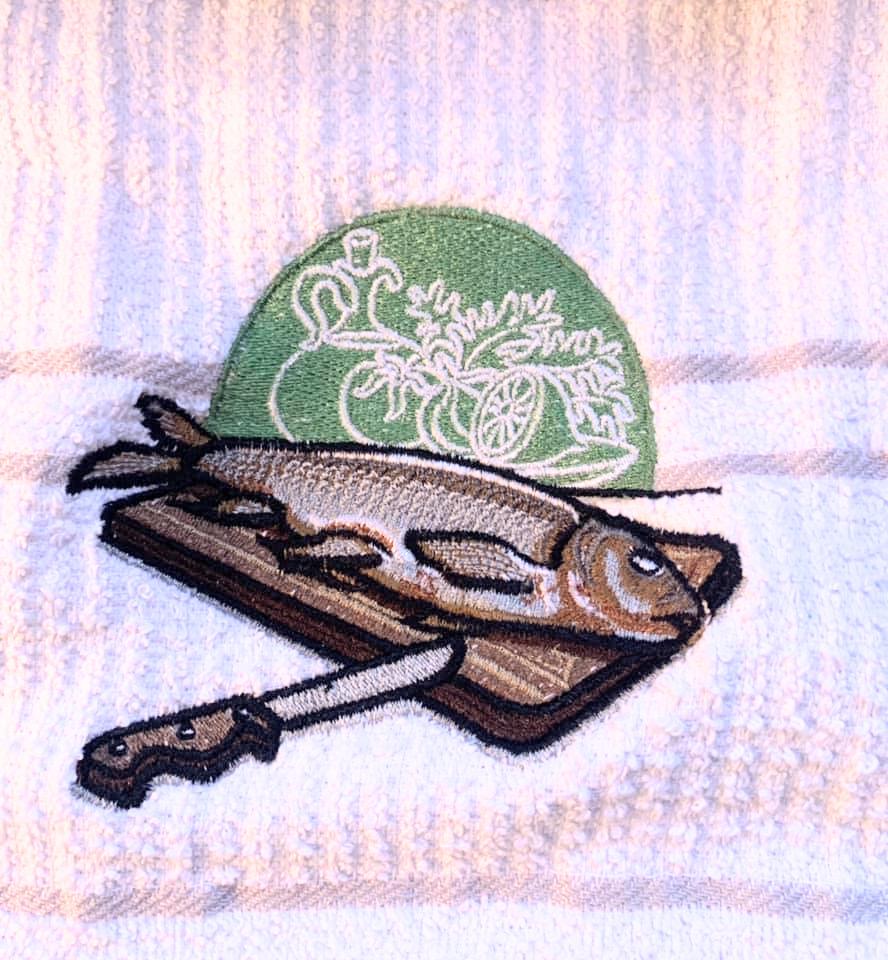 Embroidered cooked fish and desk design