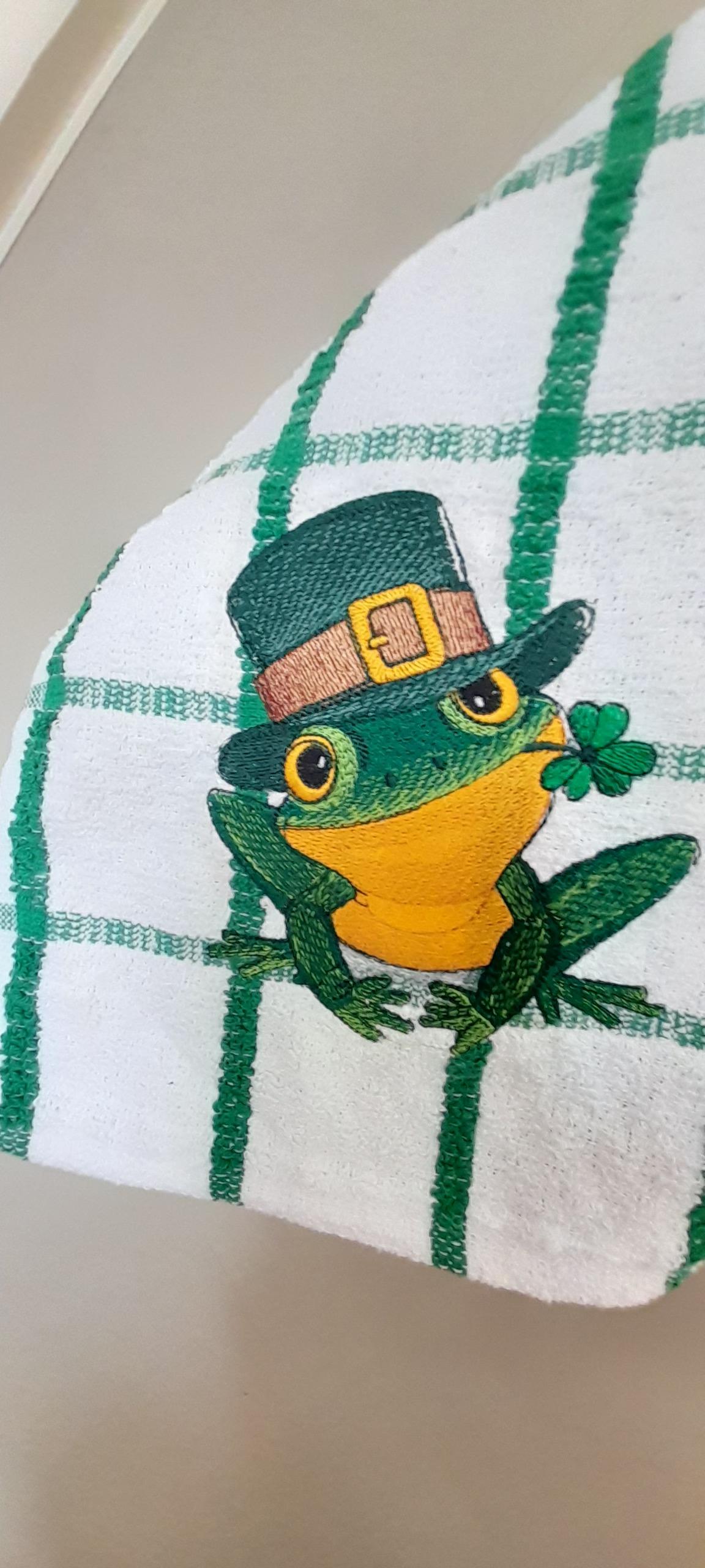 Embroidered irish frog design on towel