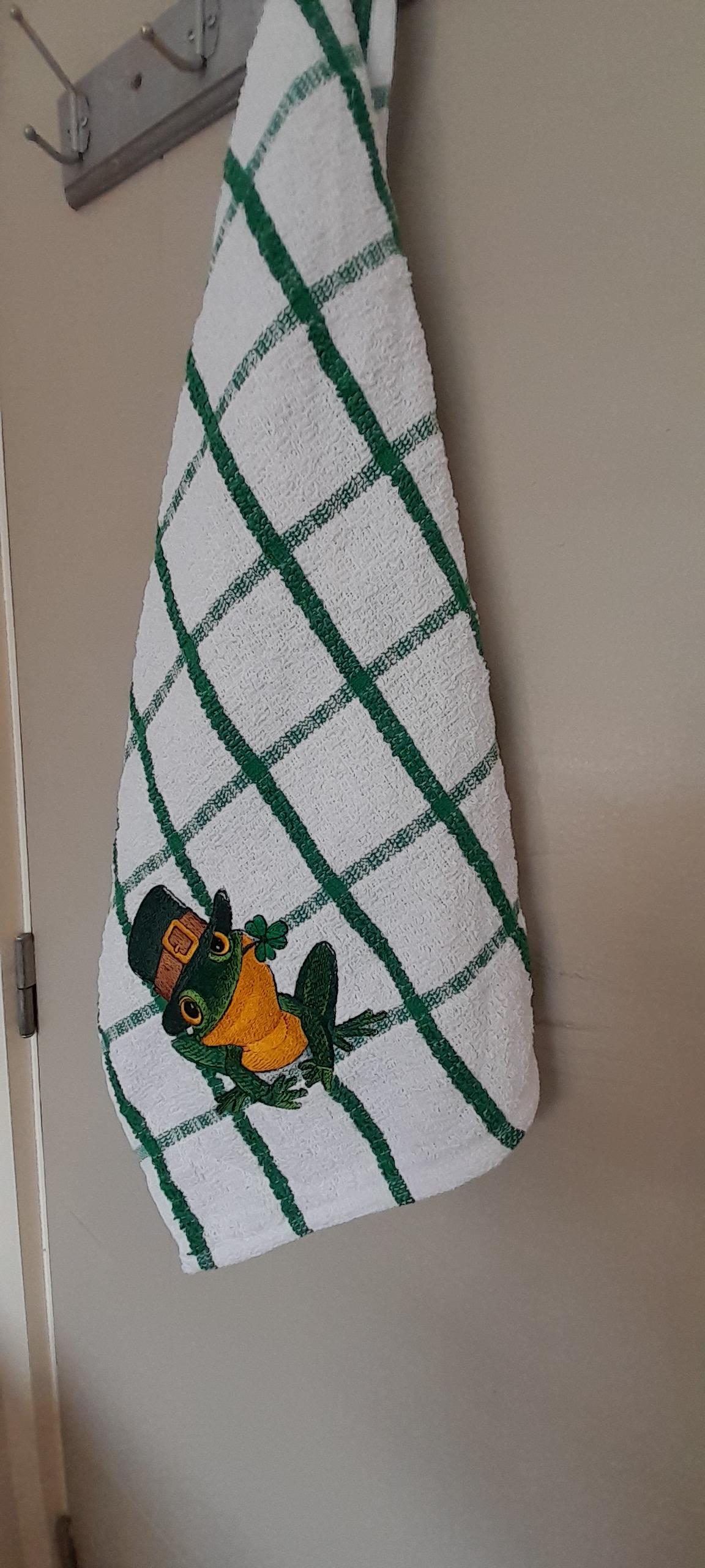 Kitchen towel with irish frog embroidery design