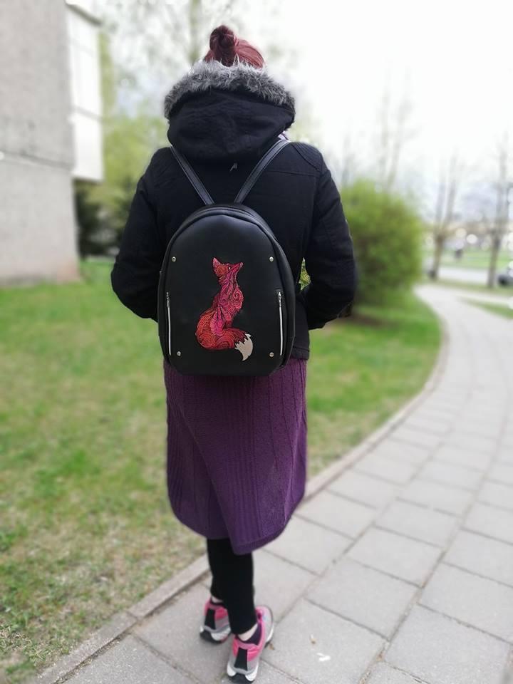 Leather backpack with fox embroidery design