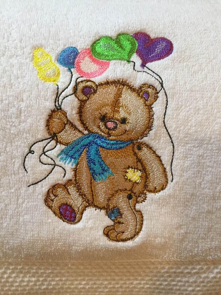 Teddy bear with balloons embroidered design
