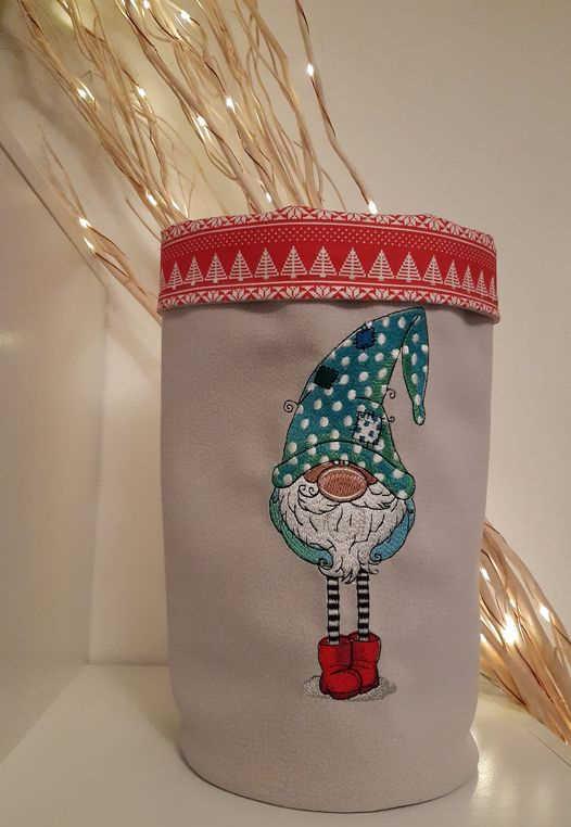 Embroidered christmas basket with gnome design