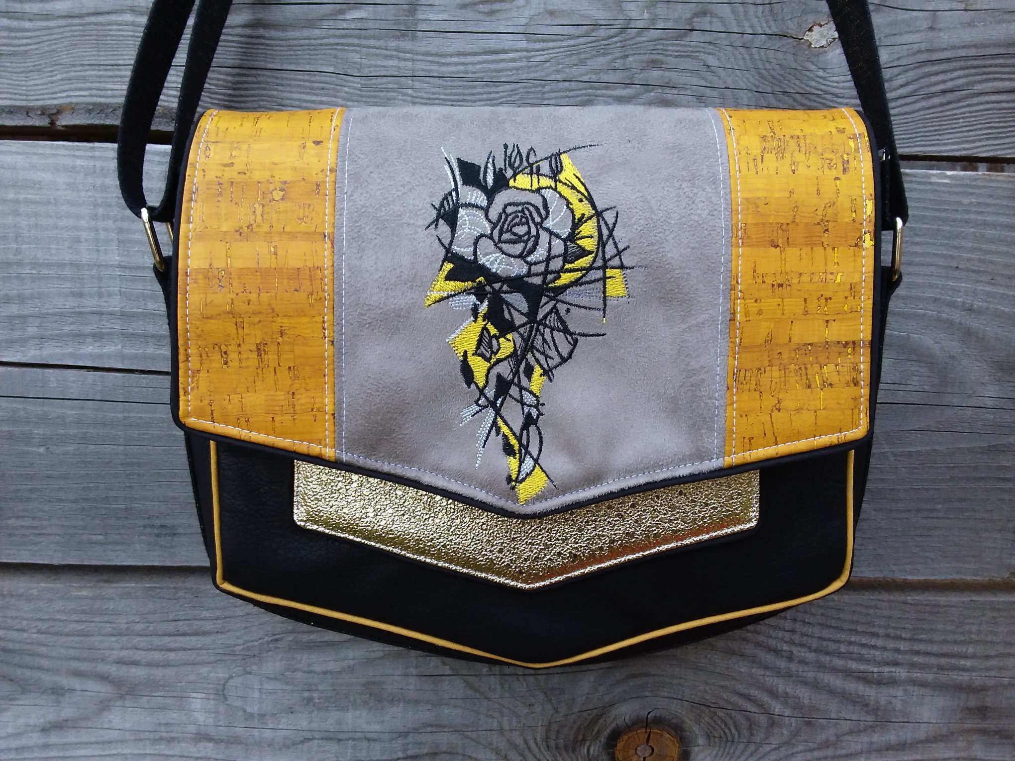 Soft women bag with rose greyscale embroidery design