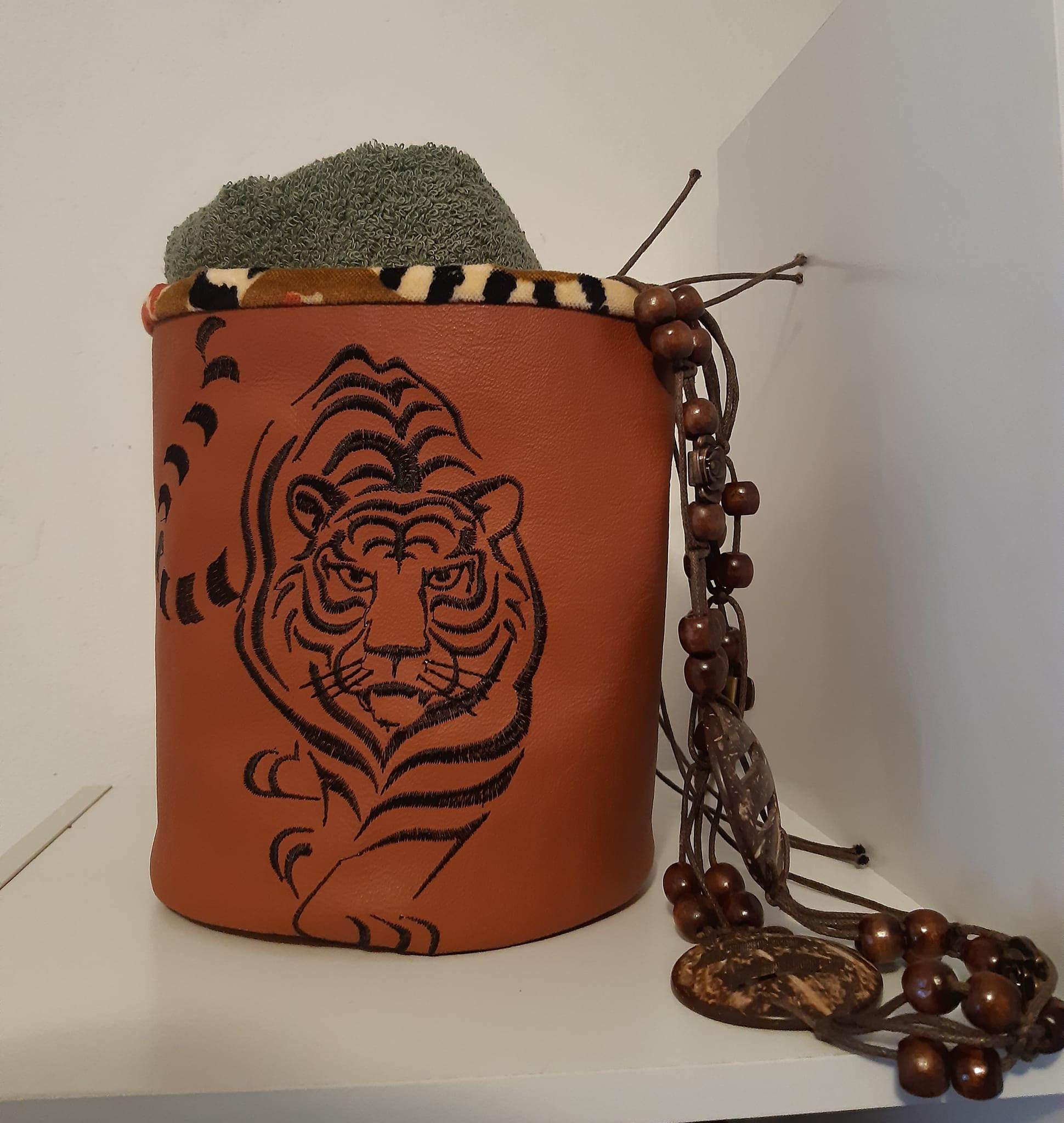 Exquisite Leather Basket with Majestic Walking Tiger Embroidery: A Luxurious and Functional Statement Piece