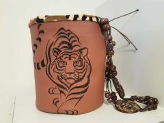 Black Tribal Tiger Leather Basket: A Sleek, Single-Thread Machine Embroidery Masterpiece for Stylish Storage