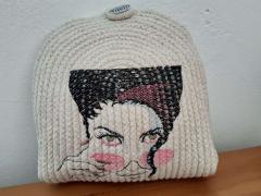 Knitted bag with woman in pink glasses embroidery design