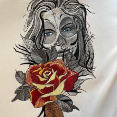 Greyscale Sugar Girl Rose Embroidery Design Monochromatic Masterpiece