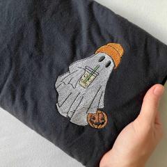 Brewed in Boo-tiful Style Ghost with Iced Coffee Embroidery Design