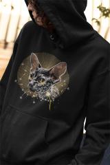 Mystical Black Hoodie with Cat & Nature Embroidery Design