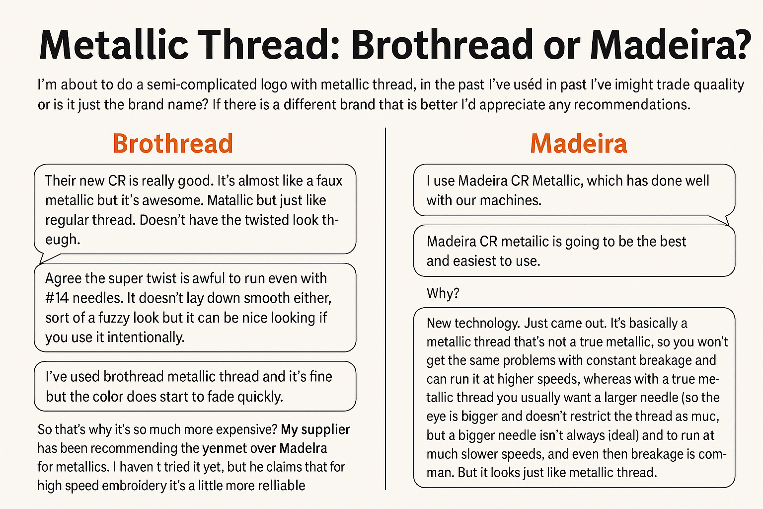 Brothread vs Madeira embroidery mettalic thread choosing