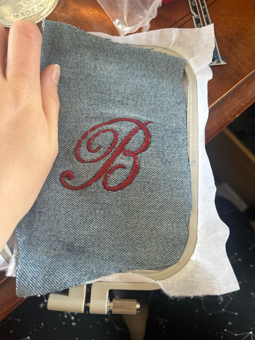 Letter B embroidered on stabilizer