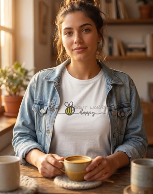 Woman wearing white t-shirt with Don't worry bee happy embroidery design at cafe