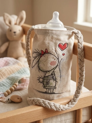 Linen nursery bottle bag with embroidered bunny releasing a heart balloon, braided cotton cord handles, on wooden crib rail in nursery setting